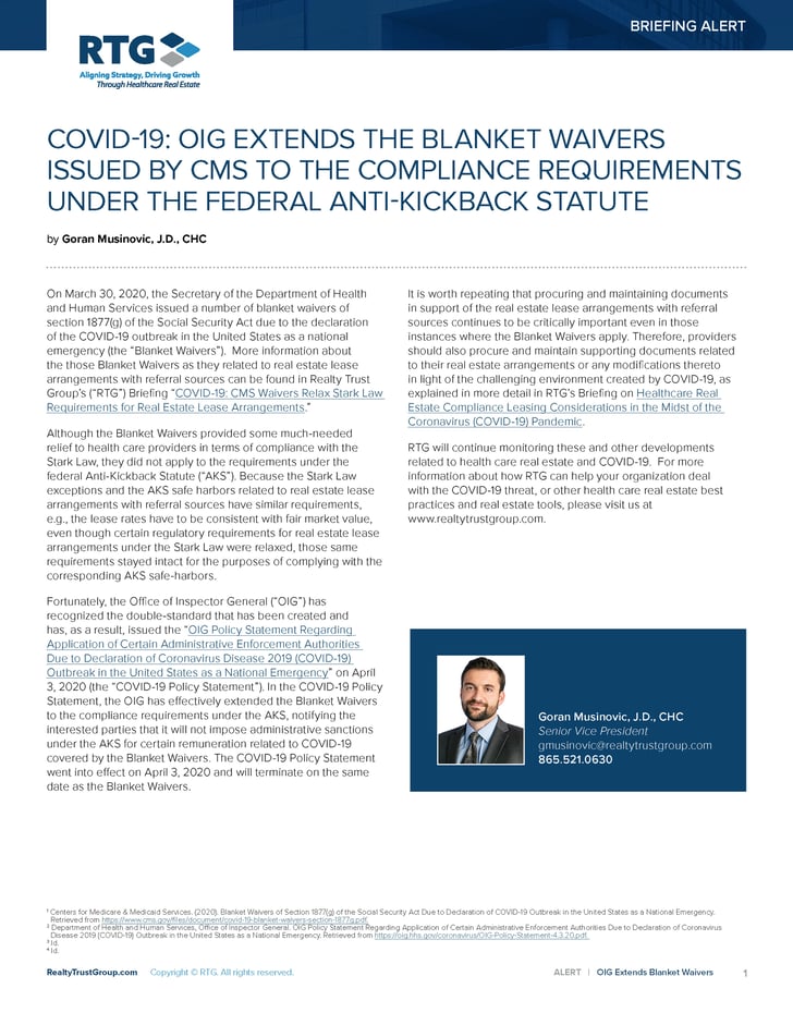 Briefing Alert COVID19 OIG Extends the Blanket Waivers Issued by